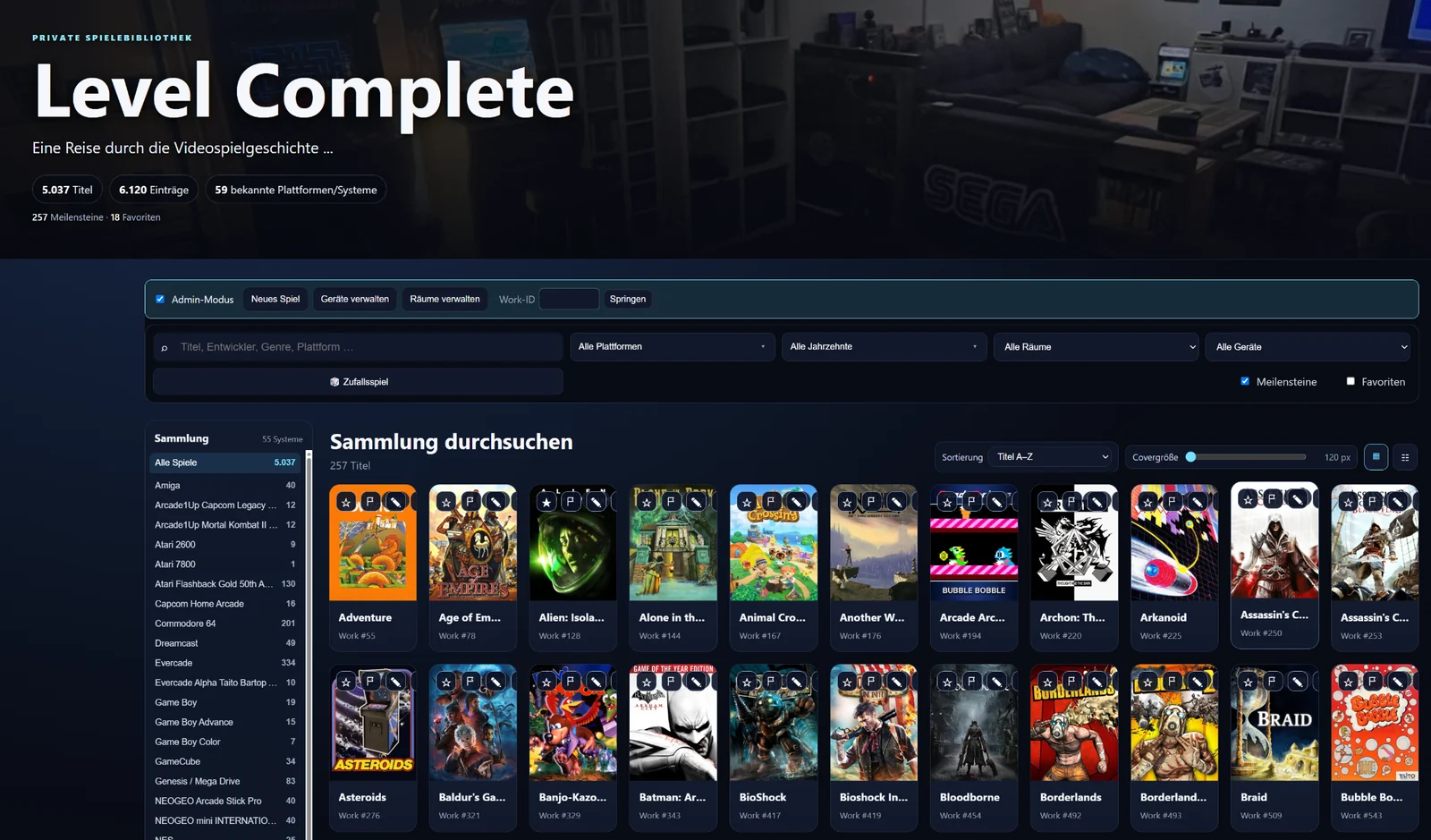 Level-Complete-Katalog mit Such- und Filterleiste und einem Raster aus Spielecovern