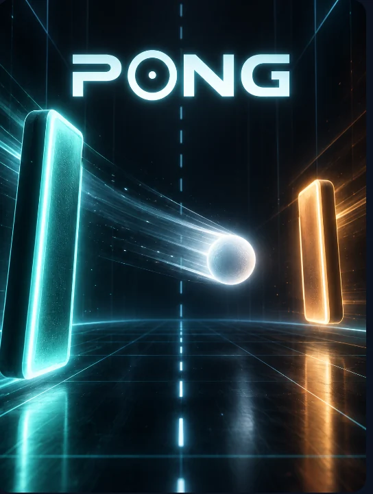 Pong-Key-Art mit leuchtendem Ball zwischen einem türkisen und einem orangefarbenen Schläger
