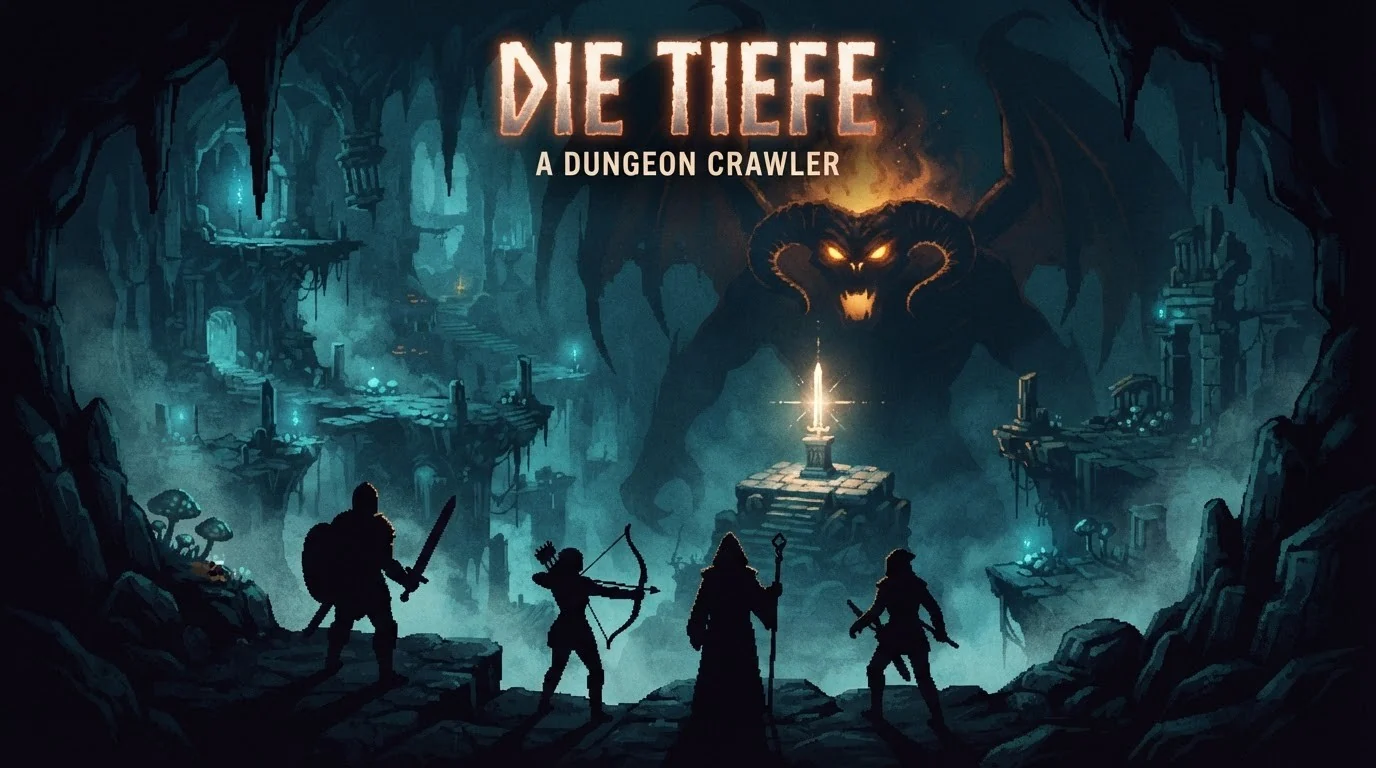 Vier Abenteurer vor einer beleuchteten Höhle unter dem Titel Die Tiefe – A Dungeon Crawler